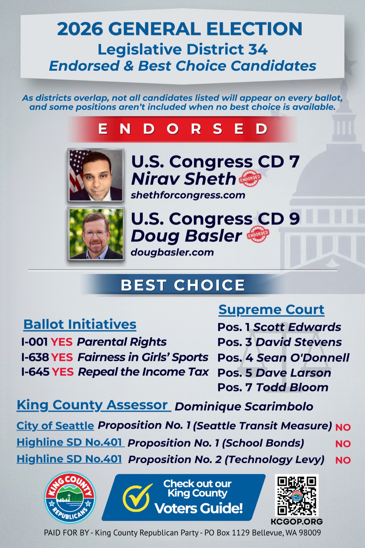 2026 General Election, Legislative District 34: endorsed and best choice candidates and ballot measure positions from the King County Republican Party